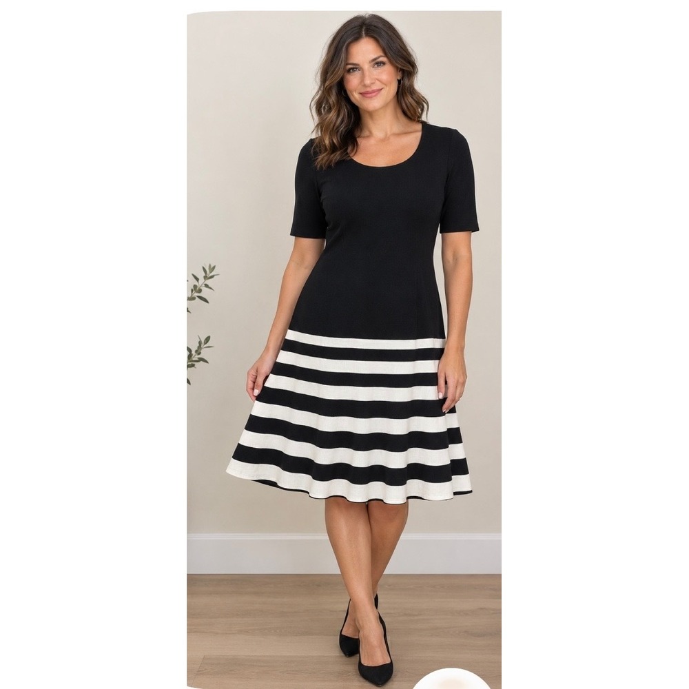 Anne Klein Black White Striped Fit Flare Dress Size 10 Short Sleeve Scoop Neck